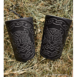 A Pair Leather Cuffs Owl with Celtic design Carving Leather: a pair